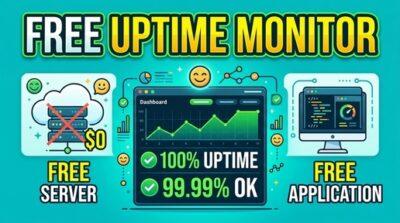 Promotional graphic for a free uptime monitoring service highlighting free server and application monitoring with 100% uptime and 99.99% OK status.