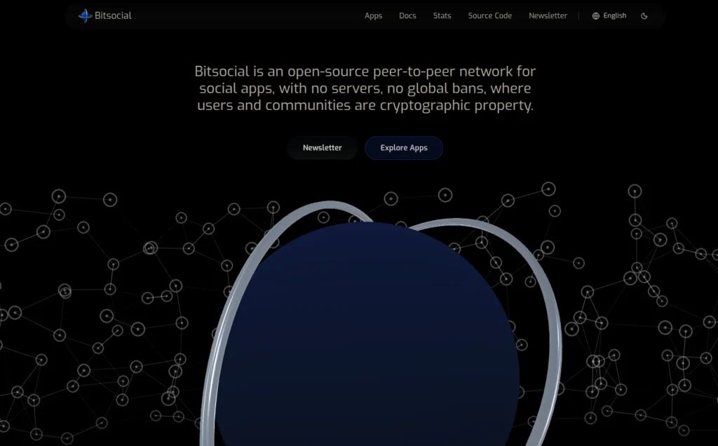Bitsocial homepage describing it as an open-source peer-to-peer network for social apps with no servers or global bans.