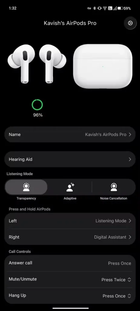 Screenshot of Kavish's AirPods Pro settings showing 96% charge, hearing aid option, listening modes, and call controls.