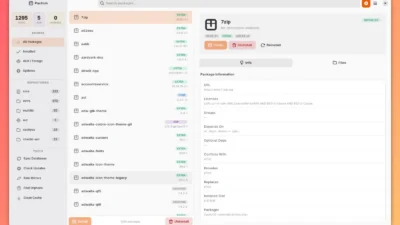 Screenshot of PacHub package manager showing 7zip package info, install/uninstall options, and a list of various software packages.