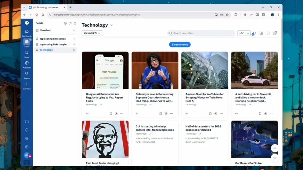 Screenshot of Inoreader feed showing technology news articles with images and headlines about AI, data centers, self-driving cars, and charging tech.