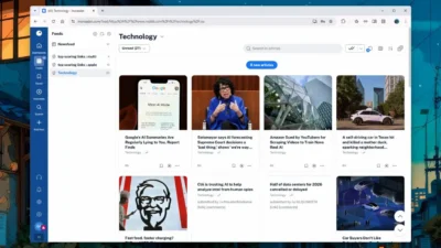 Screenshot of Inoreader feed showing technology news articles with images and headlines about AI, data centers, self-driving cars, and charging tech.