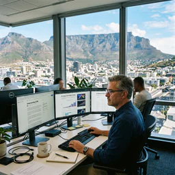 Google Gemini AI generated image: Office worker using a multi-monitor setup at a desk with a mountain and cityscape visible through large windows.