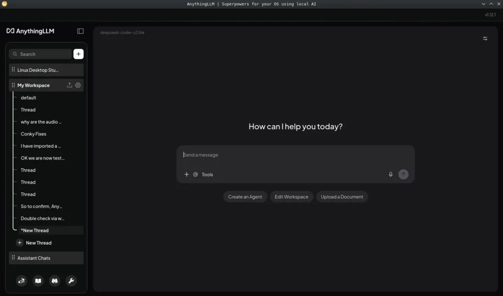 Alt text: AnythingLLM interface showing a dark-themed workspace with chat input, thread list, and options to create agents, edit workspace, and upload documents.