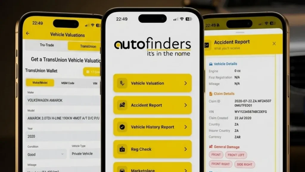 Three smartphones displaying the Autofinders app with vehicle valuation, accident report, and vehicle history features on screen.
