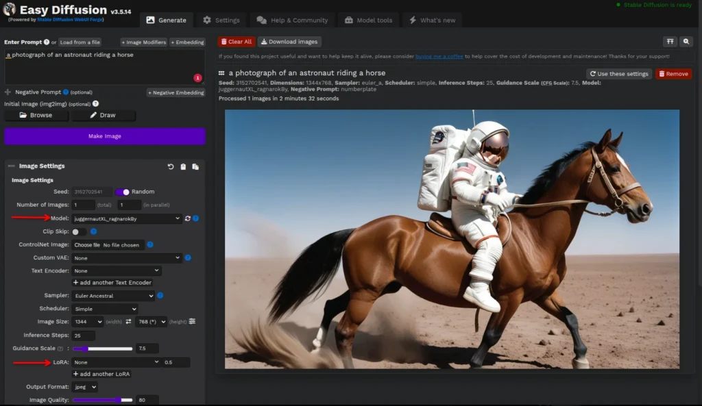 Astronaut in a spacesuit riding a galloping brown horse across a dusty, barren desert landscape under a clear blue sky.