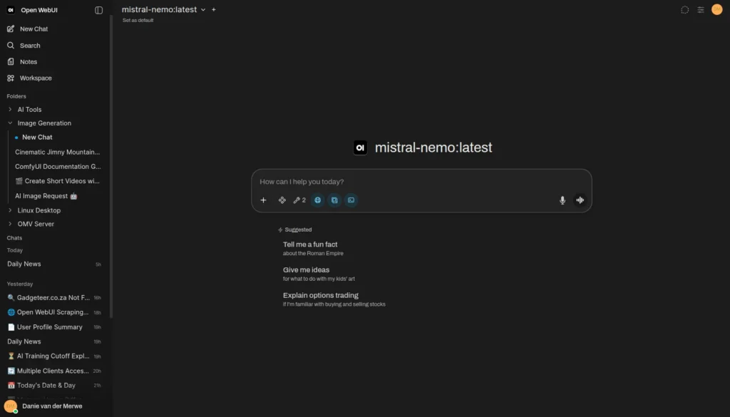 Chat interface of Open WebUI with model mistral-nemo:latest, showing a prompt, suggested queries, and sidebar navigation options.