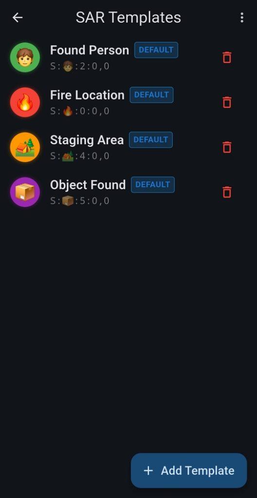 List of SAR Templates with icons for Found Person, Fire Location, Staging Area, and Object Found, each marked as default.