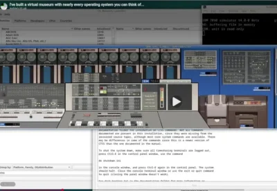 Screenshot of a virtual museum interface showcasing IBM 7090 and related vintage computer systems with menu tabs and a terminal window.