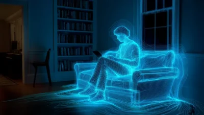 Digital wireframe of a person sitting on a couch using a tablet in a dimly lit room with bookshelves and a window.