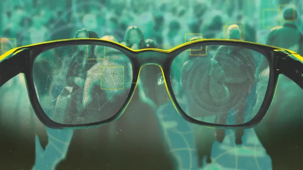 Close-up of eyeglasses focusing on blurred crowd with digital facial recognition overlays and targeting squares.
