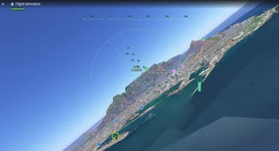 Flight simulator view showing a coastal city with landmarks like Table Mountain, Signal Hill, and Foreshore, tilted over the ocean.