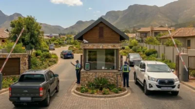 Gated community entrance with two security guards checking vehicles beside a guardhouse, surrounded by residential homes and mountains in the background.