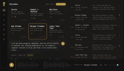 Alt text: Interface of Voicebox app showing AI voice options like Morgan Freeman, Samuel L. Jackson, and Bob Ross with text-to-speech controls and transcript.