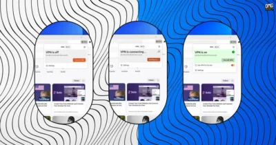 Three smartphone screens showing VPN status: off, connecting, and on, against a wavy black, white, and blue background.