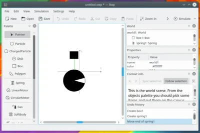 Screenshot of a physics simulation software showing a world scene with a black circle connected to a black box by a spring on a white canvas.