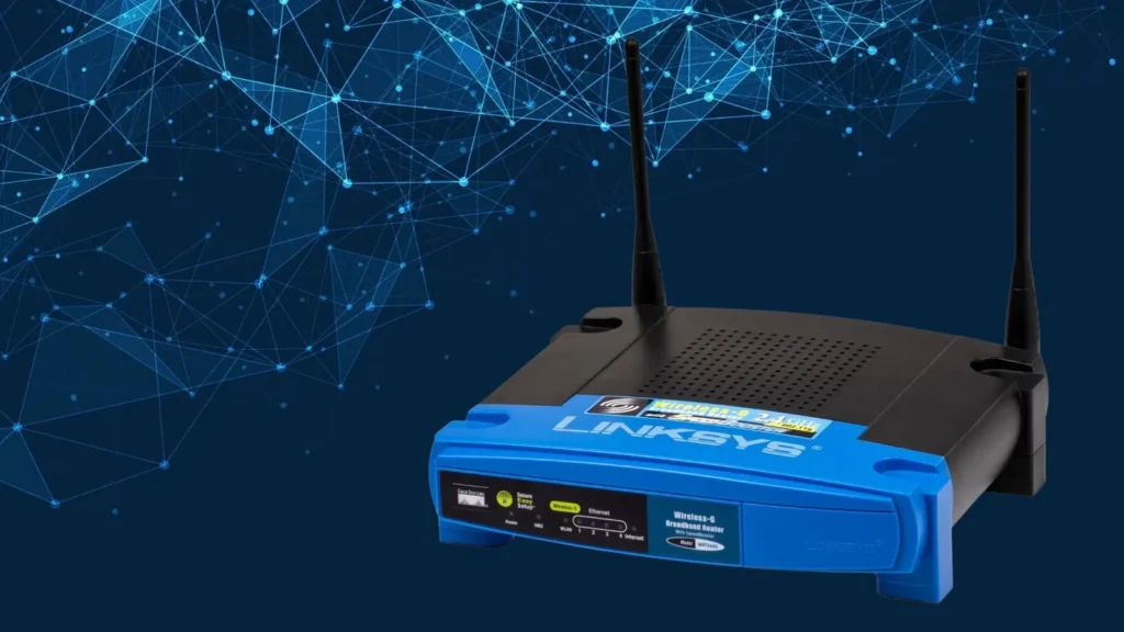 Linksys Wireless-G broadband router with two antennas on a digital blue network background.
