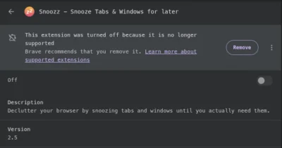 Browser extension "Snoozz" disabled as no longer supported, with option to remove; declutters by snoozing tabs and windows, version 2.5.