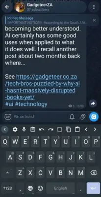 Screenshot of a Telegram channel message discussing AI uses, linking to an article on AI disruption and tagged with #ai #technology.
