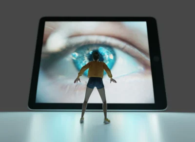 A person stands facing a giant digital tablet screen displaying a close-up of a blue human eye.