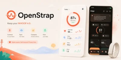 Making A Locked Down WHOOP Wearable Work Without A Subscription 5 OpenStrap app interface showing WHOOP 4.0 health stats: recovery, heart rate, sleep, strain, and stress with privacy and data control features.