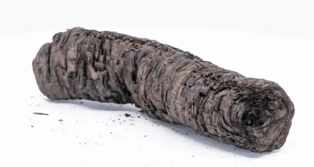 Rolled blackened material resembling charred wood or bark, lying on a white surface with small debris around it. This is a Herculaneum scroll, a fragile ancient papyrus artifact carbonized by the volcanic eruption of Mount Vesuvius in 79 AD.