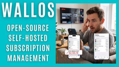 Man surprised by subscription costs using Wallos app on phone, with text about open-source self-hosted subscription management.