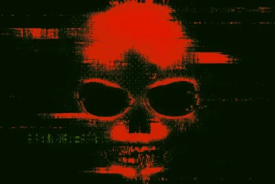 It Seems a Lot Like Dead Internet Has Actually Come True 5 Glitch art of a red skull with dark eye sockets on a black background, featuring horizontal distortion lines and pixelated texture.