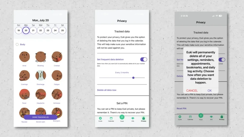 Alt text: Screenshots of a menstrual tracking app showing symptom logging, privacy settings for data deletion, and a confirmation prompt for permanent data removal.