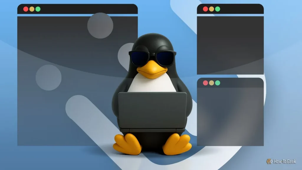 Cartoon penguin wearing sunglasses working on a laptop with three floating dark browser windows in the background.