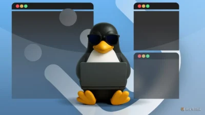 Cartoon penguin wearing sunglasses working on a laptop with three floating dark browser windows in the background.