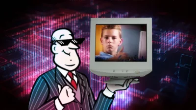 Cartoon man in suit and sunglasses holding a vintage CRT monitor showing a boy giving a thumbs-up with a neon digital background.