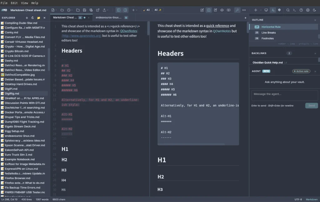 Screenshot of a markdown cheat sheet in a text editor, showing markdown syntax examples and a sidebar with file explorer and outline panels.