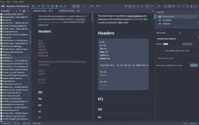 Screenshot of a markdown cheat sheet in a text editor, showing markdown syntax examples and a sidebar with file explorer and outline panels.