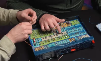 Two people working on a wired electronic circuit board with various components on a black table.