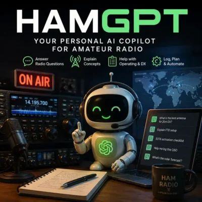 A friendly robot with headphones promotes HAMGPT, an AI copilot for amateur radio, alongside radio gear, notebook, laptop, and coffee mug.