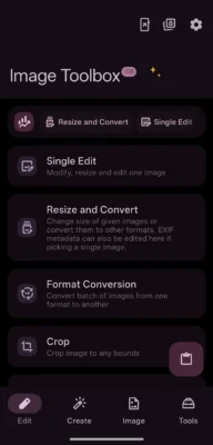 Image Toolbox is an open source Android app for social media creators 10 Screenshot of an Image Toolbox app with options for Single Edit, Resize and Convert, Format Conversion, and Crop functions.