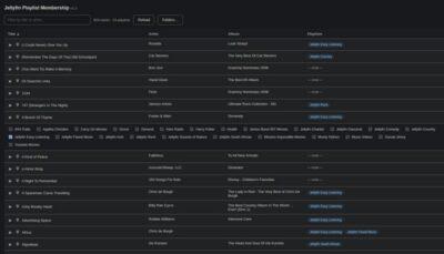 Screenshot of Jellyfin Playlist Membership interface showing a list of songs, artists, albums, and playlist tags in a dark-themed UI.