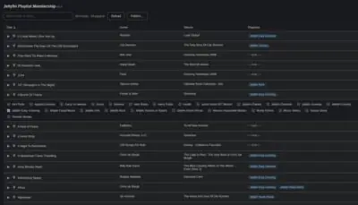 Screenshot of Jellyfin Playlist Membership interface showing a list of songs, artists, albums, and playlist tags in a dark-themed UI.