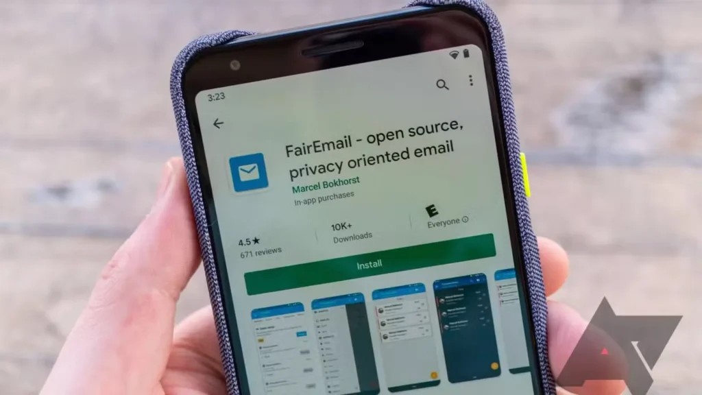 Hand holding a phone displaying the FairEmail app page on the Google Play Store with an install button visible.