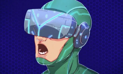 Digital art of a person in a green futuristic suit wearing a high-tech VR headset with a surprised expression on a blue hexagonal background.