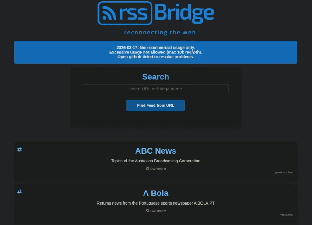 Alt text: RSS Bridge web page interface showing a search bar to find feeds and a list of news sources like ABC News and A Bola.