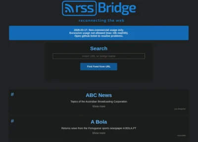 Alt text: RSS Bridge web page interface showing a search bar to find feeds and a list of news sources like ABC News and A Bola.