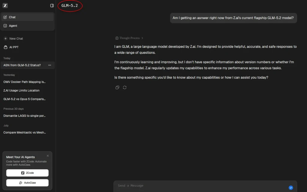 Chat interface showing a conversation with the GLM-5.2 language model from Z.ai on a dark-themed screen.