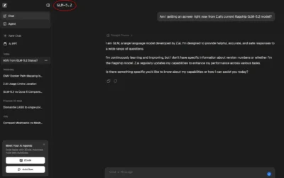Chat interface showing a conversation with the GLM-5.2 language model from Z.ai on a dark-themed screen.