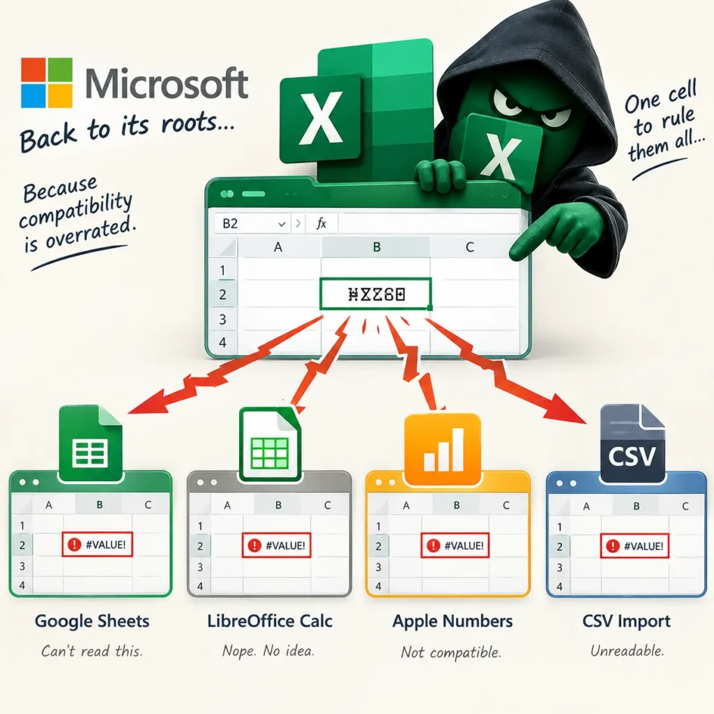 Illustration of Microsoft Excel displaying unreadable characters, with errors in Google Sheets, LibreOffice Calc, Apple Numbers, and CSV import.