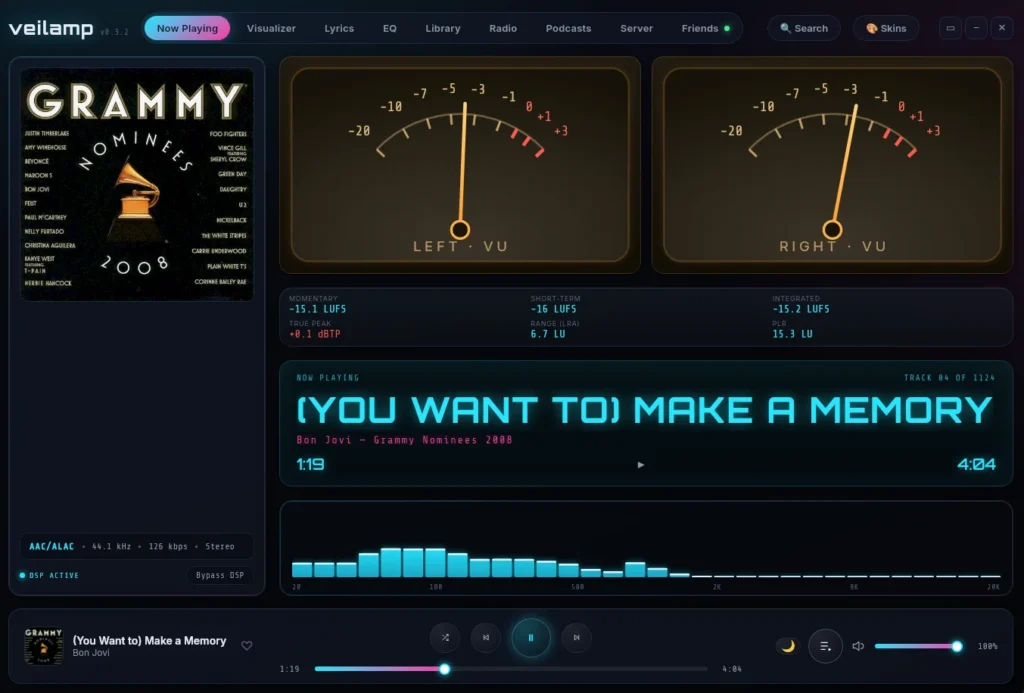 Veilamp music player showing Bon Jovi’s “(You Want to) Make a Memory,” Grammy nominees artwork, VU meters, equalizer, and playback controls.