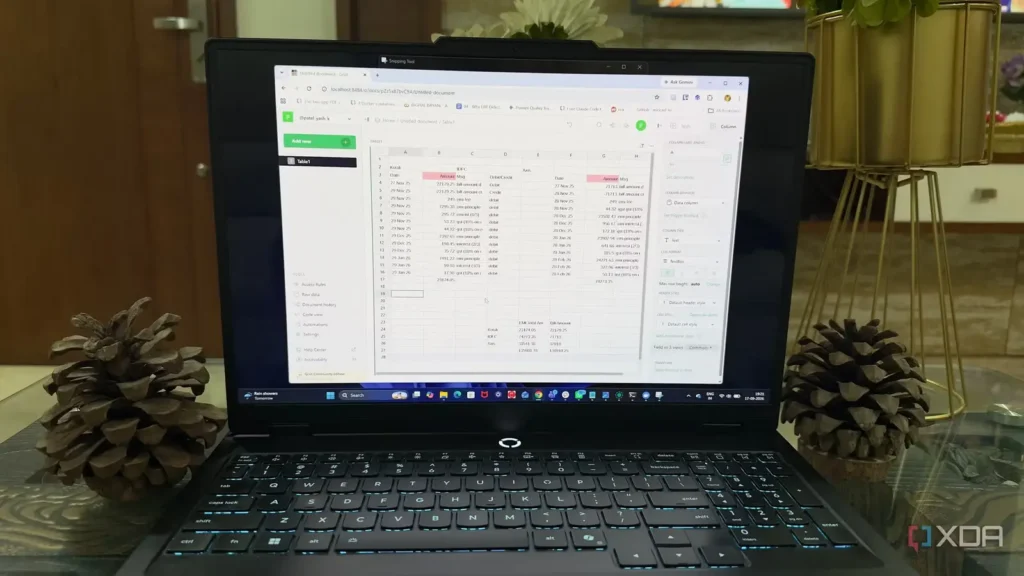 Laptop displaying a spreadsheet on a wooden table, flanked by two large pine cones, with home decor in the background.