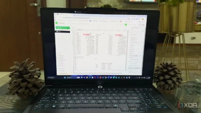Laptop displaying a spreadsheet on a wooden table, flanked by two large pine cones, with home decor in the background.