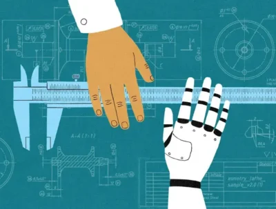 Illustration of a human hand and a robotic hand measuring with a caliper against a blueprint background.
